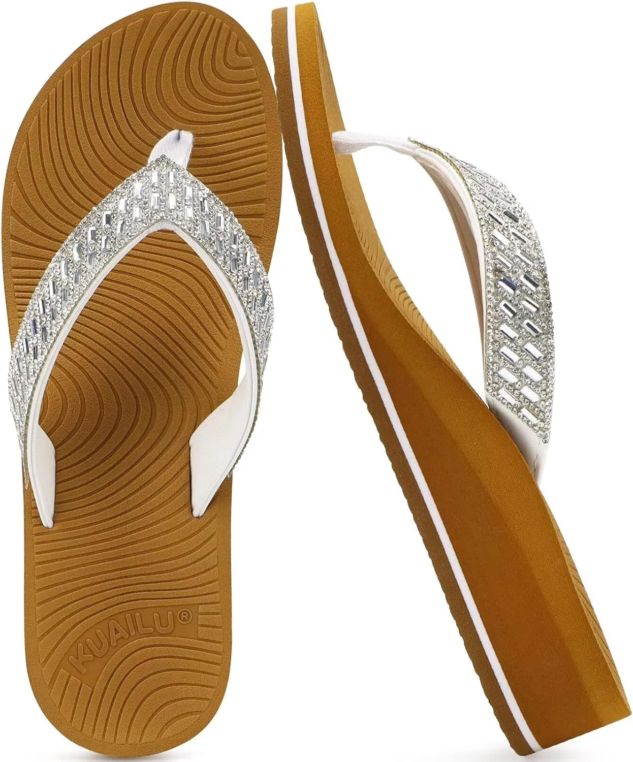 KuaiLu Womens Dressy Rhinestone Platform Flip Flops Trendy Comfortable Arch Support Cushion Walking Thong Sandals Yoga Foam Low Wedge Slippers Summer Pool Beach