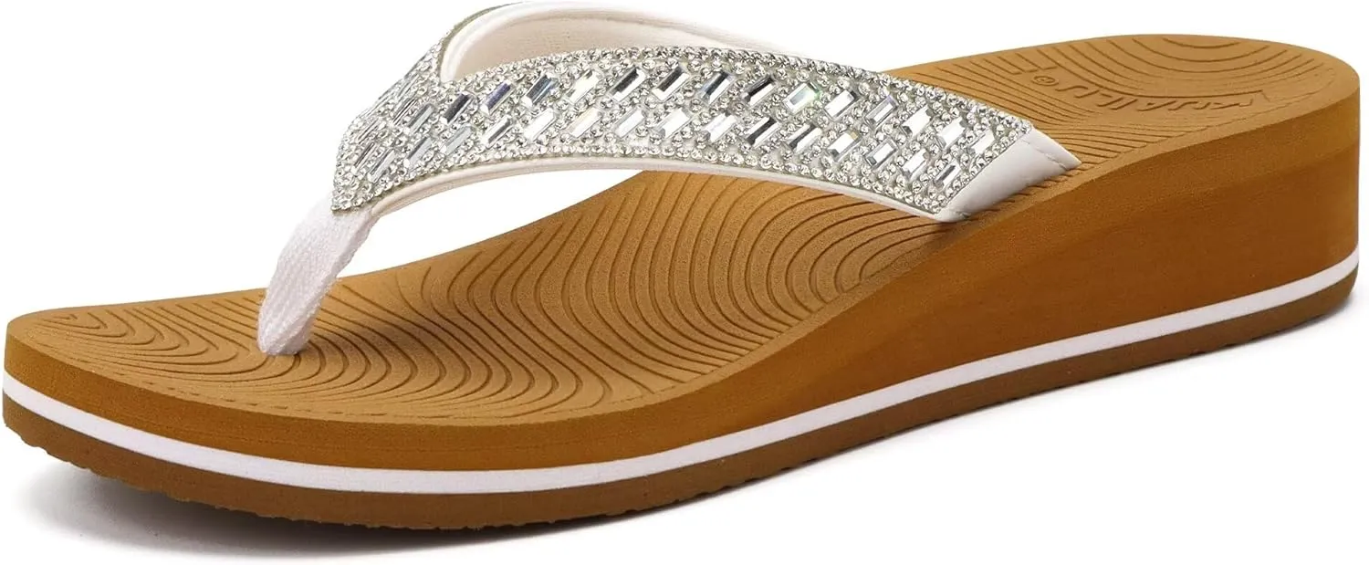 KuaiLu Womens Dressy Rhinestone Platform Flip Flops Trendy Comfortable Arch Support Cushion Walking Thong Sandals Yoga Foam Low Wedge Slippers Summer Pool Beach