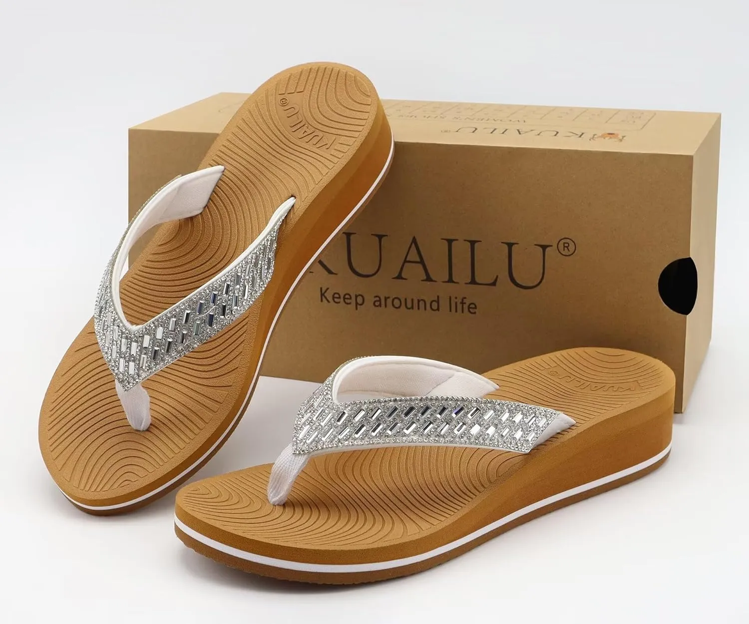 KuaiLu Womens Dressy Rhinestone Platform Flip Flops Trendy Comfortable Arch Support Cushion Walking Thong Sandals Yoga Foam Low Wedge Slippers Summer Pool Beach