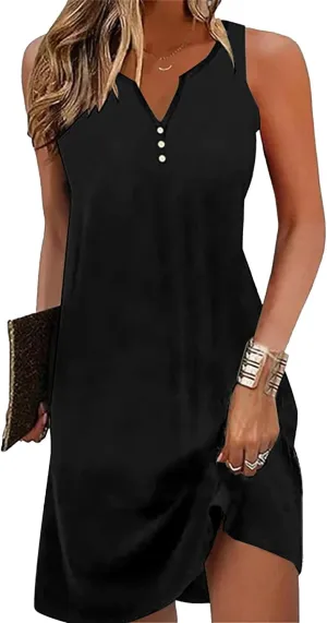 Ladlop Summer Dresses for Women 2025 Beach Loose Casual A Line Dress Sleeveless V-Neck Sundress with Pockets