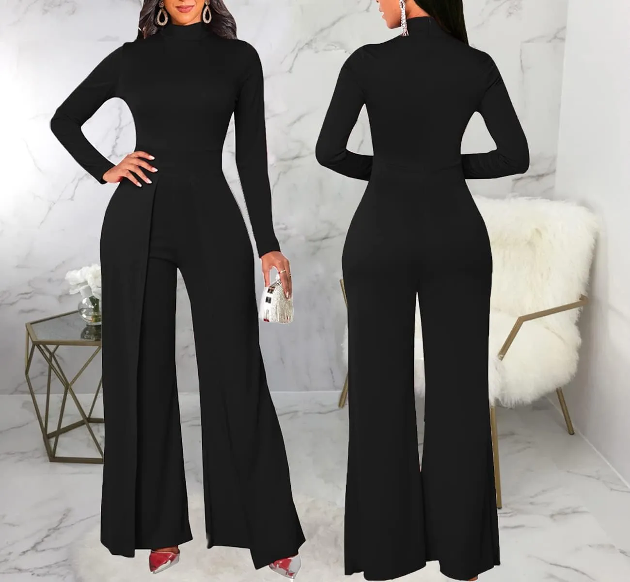 LaiyiVic Jumpsuits for Women Elegant Formal Turtle Neck Sexy One Piece Wide Leg Pants Rompers