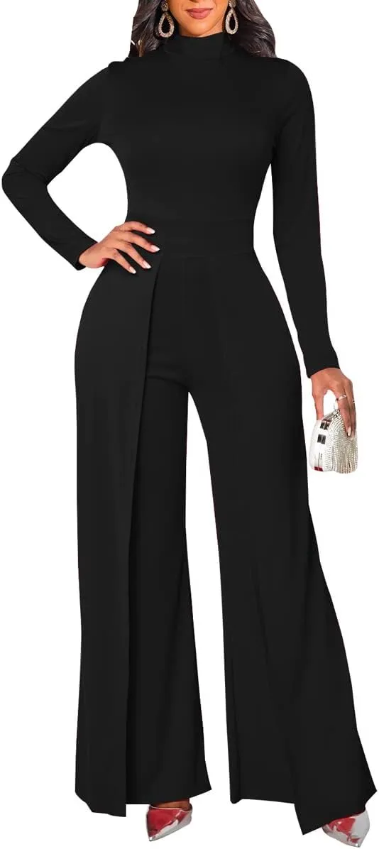 LaiyiVic Jumpsuits for Women Elegant Formal Turtle Neck Sexy One Piece Wide Leg Pants Rompers