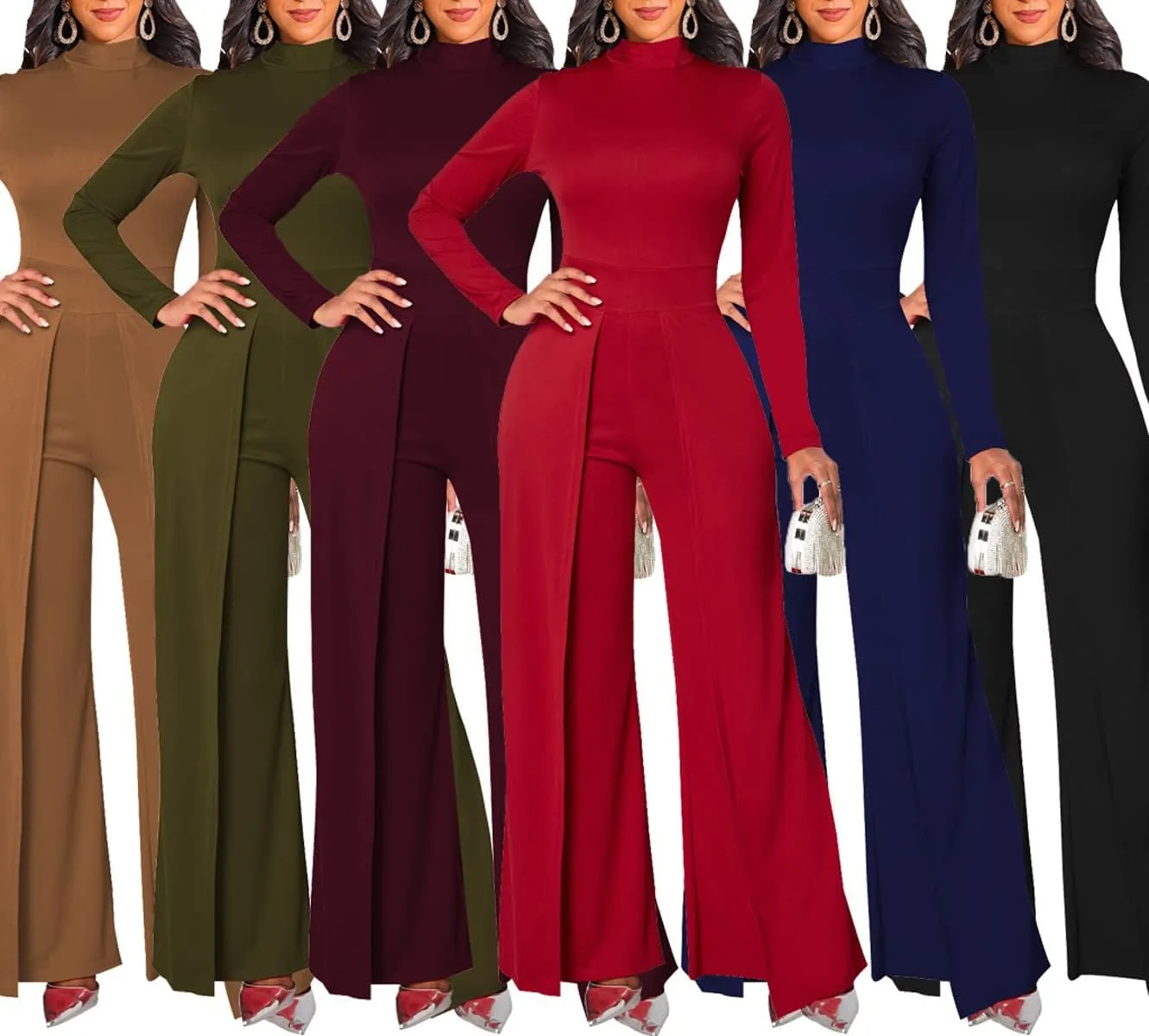 LaiyiVic Jumpsuits for Women Elegant Formal Turtle Neck Sexy One Piece Wide Leg Pants Rompers