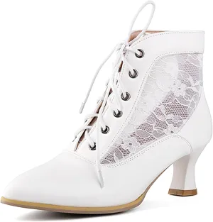 LanreyTaley Women's Lace Short Ankle Boots Lace Up Victorian Booties Vintage Kitten Heel Lace Wedding Bridal