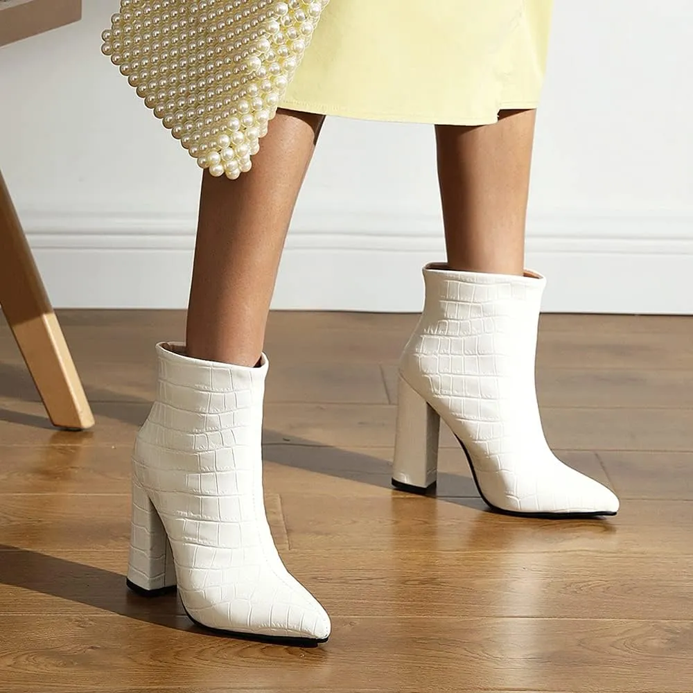 LEHOOR Women Chunky Heel Ankle Boots Pull On Pointed Toe Booties Sexy Stone Pattern Short Boots 4” High Block Heel Matte Leather Dress Booties Closed Toe Wild Elegant Party Club 4-11 M US