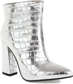 LEHOOR Women Chunky Heel Ankle Boots Pull On Pointed Toe Booties Sexy Stone Pattern Short Boots 4” High Block Heel Matte Leather Dress Booties Closed Toe Wild Elegant Party Club 4-11 M US