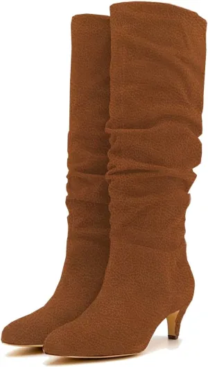LEHOOR Women Low Kitten Heel Knee High Boots Pointed Toe Suede Slouch Dress Boots Pull On Short Heel Wide Calf 4-11 M US