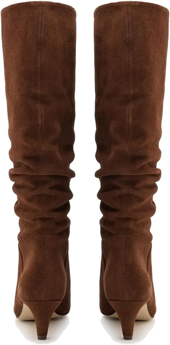 LEHOOR Women Low Kitten Heel Knee High Boots Pointed Toe Suede Slouch Dress Boots Pull On Short Heel Wide Calf 4-11 M US