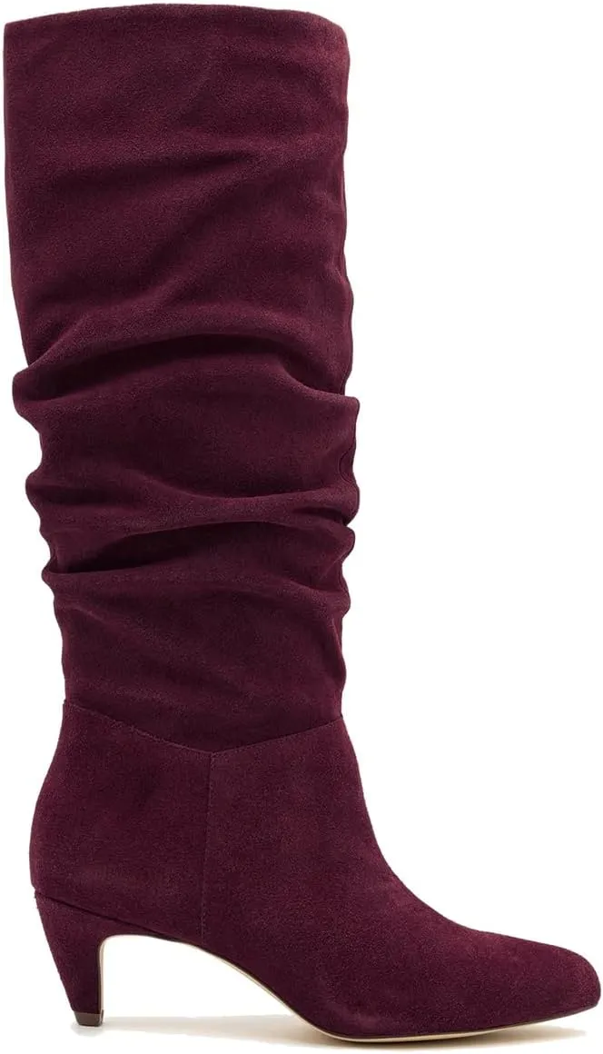 LEHOOR Women Low Kitten Heel Knee High Boots Pointed Toe Suede Slouch Dress Boots Pull On Short Heel Wide Calf 4-11 M US