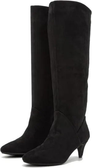 LEHOOR Women Low Kitten Heel Knee High Boots Pointed Toe Suede Slouch Dress Boots Pull On Short Heel Wide Calf 4-11 M US