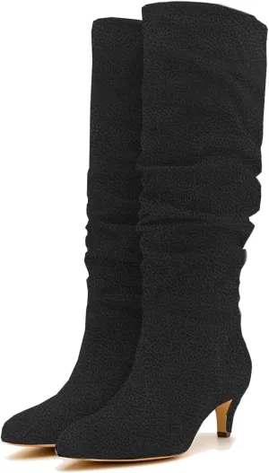 LEHOOR Women Low Kitten Heel Knee High Boots Pointed Toe Suede Slouch Dress Boots Pull On Short Heel Wide Calf 4-11 M US