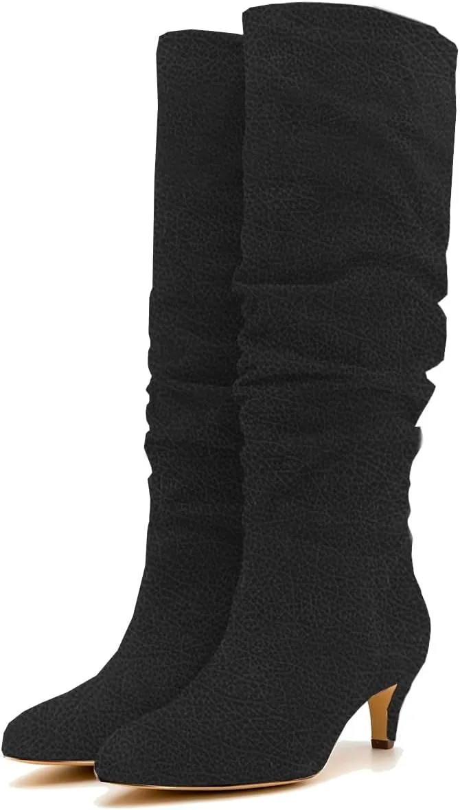 LEHOOR Women Low Kitten Heel Knee High Boots Pointed Toe Suede Slouch Dress Boots Pull On Short Heel Wide Calf 4-11 M US
