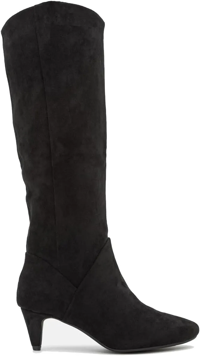 LEHOOR Women Low Kitten Heel Knee High Boots Pointed Toe Suede Slouch Dress Boots Pull On Short Heel Wide Calf 4-11 M US