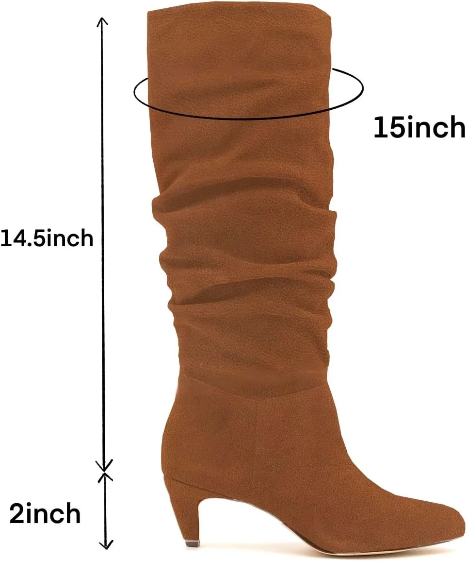 LEHOOR Women Low Kitten Heel Knee High Boots Pointed Toe Suede Slouch Dress Boots Pull On Short Heel Wide Calf 4-11 M US