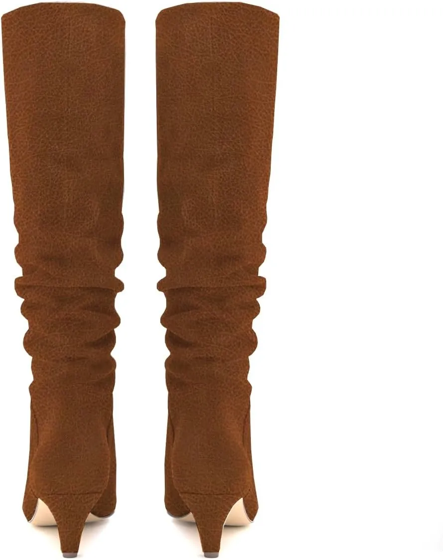 LEHOOR Women Low Kitten Heel Knee High Boots Pointed Toe Suede Slouch Dress Boots Pull On Short Heel Wide Calf 4-11 M US