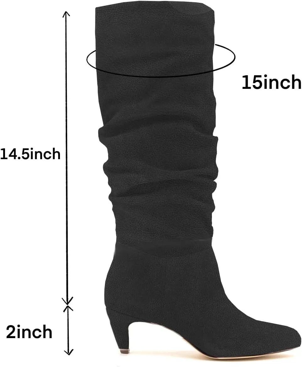 LEHOOR Women Low Kitten Heel Knee High Boots Pointed Toe Suede Slouch Dress Boots Pull On Short Heel Wide Calf 4-11 M US