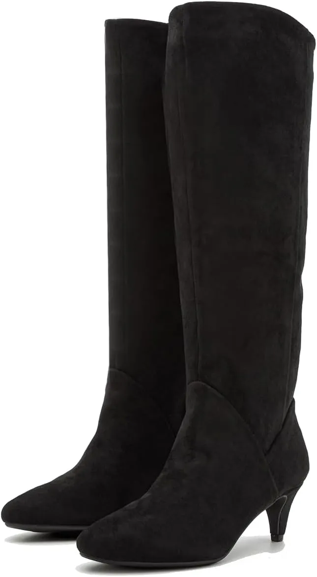 LEHOOR Women Low Kitten Heel Knee High Boots Pointed Toe Suede Slouch Dress Boots Pull On Short Heel Wide Calf 4-11 M US