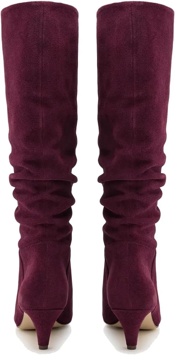 LEHOOR Women Low Kitten Heel Knee High Boots Pointed Toe Suede Slouch Dress Boots Pull On Short Heel Wide Calf 4-11 M US