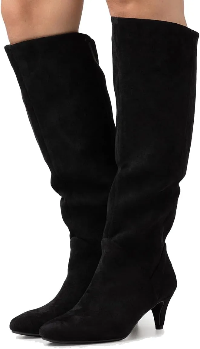 LEHOOR Women Low Kitten Heel Knee High Boots Pointed Toe Suede Slouch Dress Boots Pull On Short Heel Wide Calf 4-11 M US
