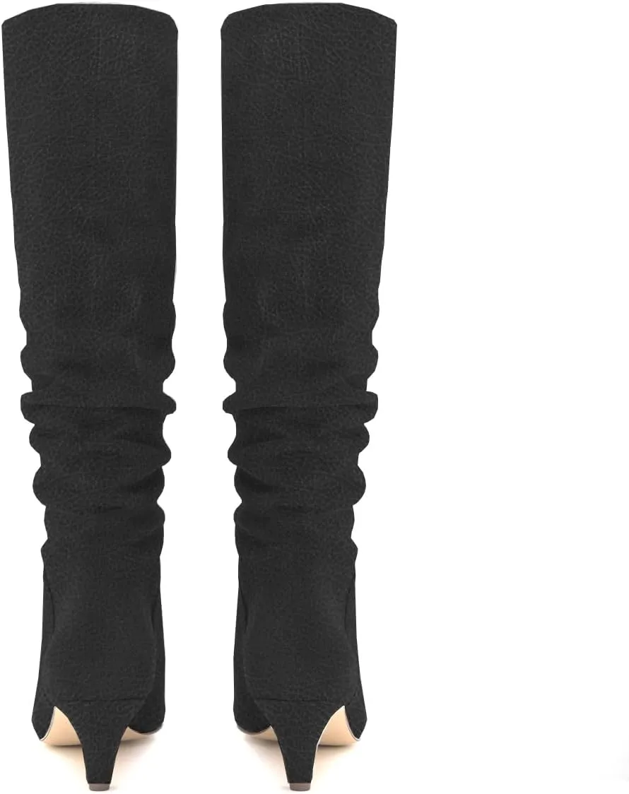 LEHOOR Women Low Kitten Heel Knee High Boots Pointed Toe Suede Slouch Dress Boots Pull On Short Heel Wide Calf 4-11 M US