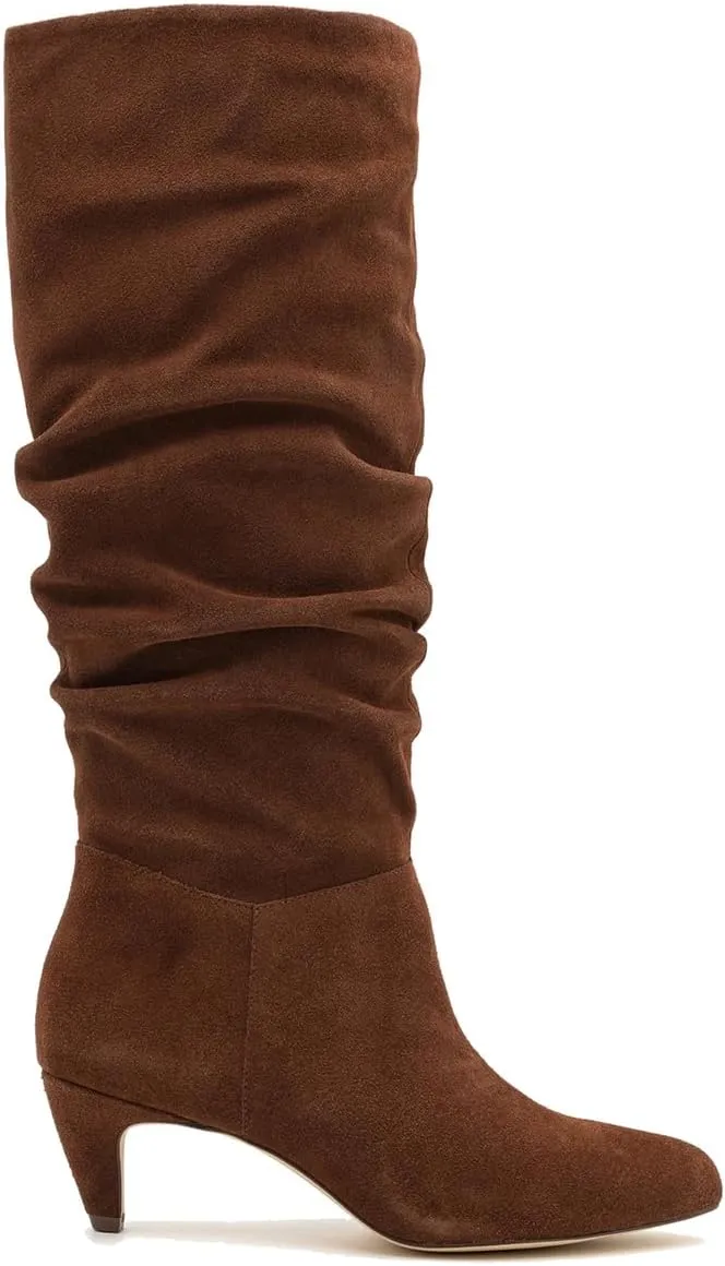 LEHOOR Women Low Kitten Heel Knee High Boots Pointed Toe Suede Slouch Dress Boots Pull On Short Heel Wide Calf 4-11 M US