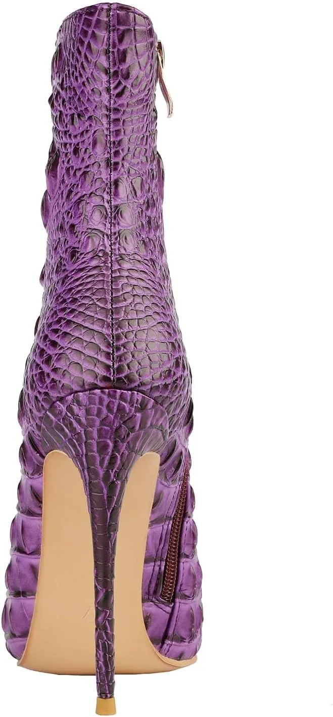 LEHOOR Women Pointed Toe Stiletto Ankle Boots Animal Print Side Zipper 5 Inch Stiletto High Heel Booties Crocodile Pattern Gradient Short Dress Boots Vintage Sexy Fashion Party Club Ladies 4-12 M US