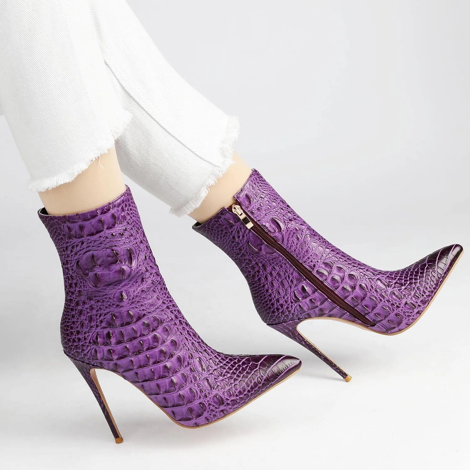 LEHOOR Women Pointed Toe Stiletto Ankle Boots Animal Print Side Zipper 5 Inch Stiletto High Heel Booties Crocodile Pattern Gradient Short Dress Boots Vintage Sexy Fashion Party Club Ladies 4-12 M US