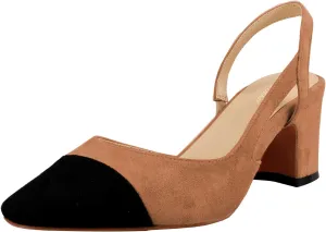 LEMUTISME Women's Elegant Cap Toe Two-Tone Chunky Heel Slingback Sandals Square Toe Suede Strappy Mid Block Heel Dress Pumps