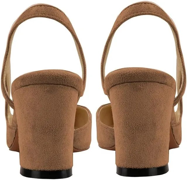 LEMUTISME Women's Elegant Cap Toe Two-Tone Chunky Heel Slingback Sandals Square Toe Suede Strappy Mid Block Heel Dress Pumps