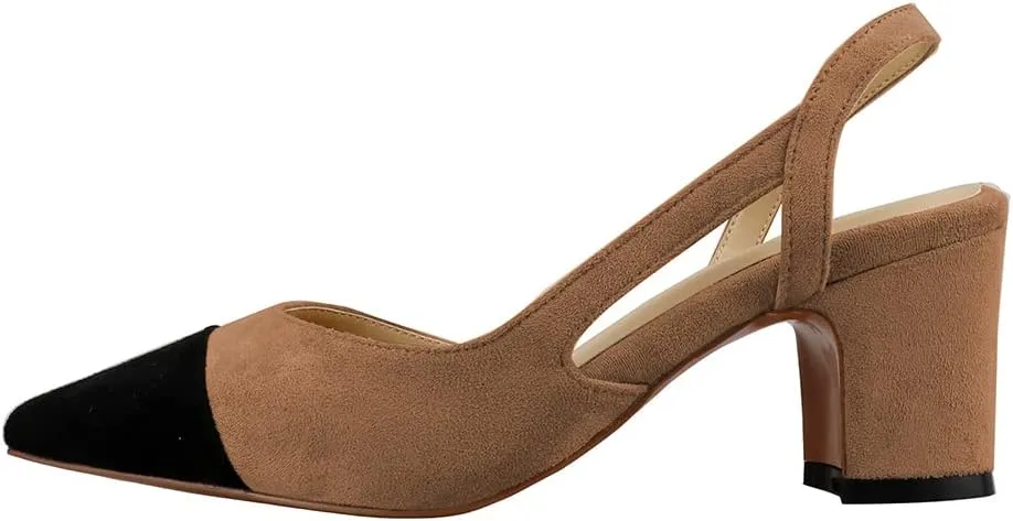 LEMUTISME Women's Elegant Cap Toe Two-Tone Chunky Heel Slingback Sandals Square Toe Suede Strappy Mid Block Heel Dress Pumps