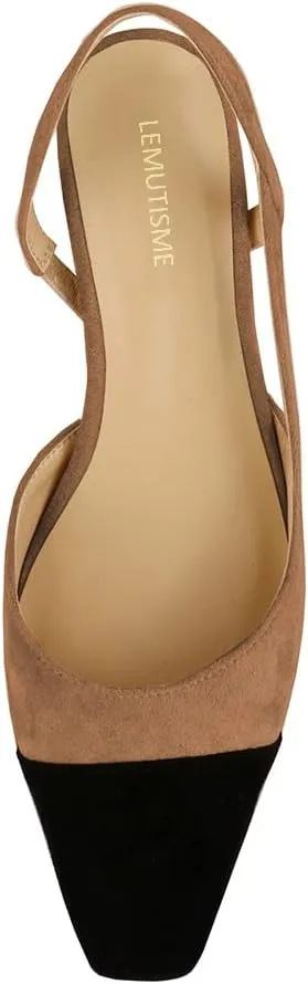 LEMUTISME Women's Elegant Cap Toe Two-Tone Chunky Heel Slingback Sandals Square Toe Suede Strappy Mid Block Heel Dress Pumps