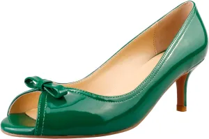 LEMUTISME Women's Fashion Patent Leather Peep Toe Bow Tie Kitten Heel Dress Pumps Comfort Open Toe Slip On Low Heel Bow Summer Sandals