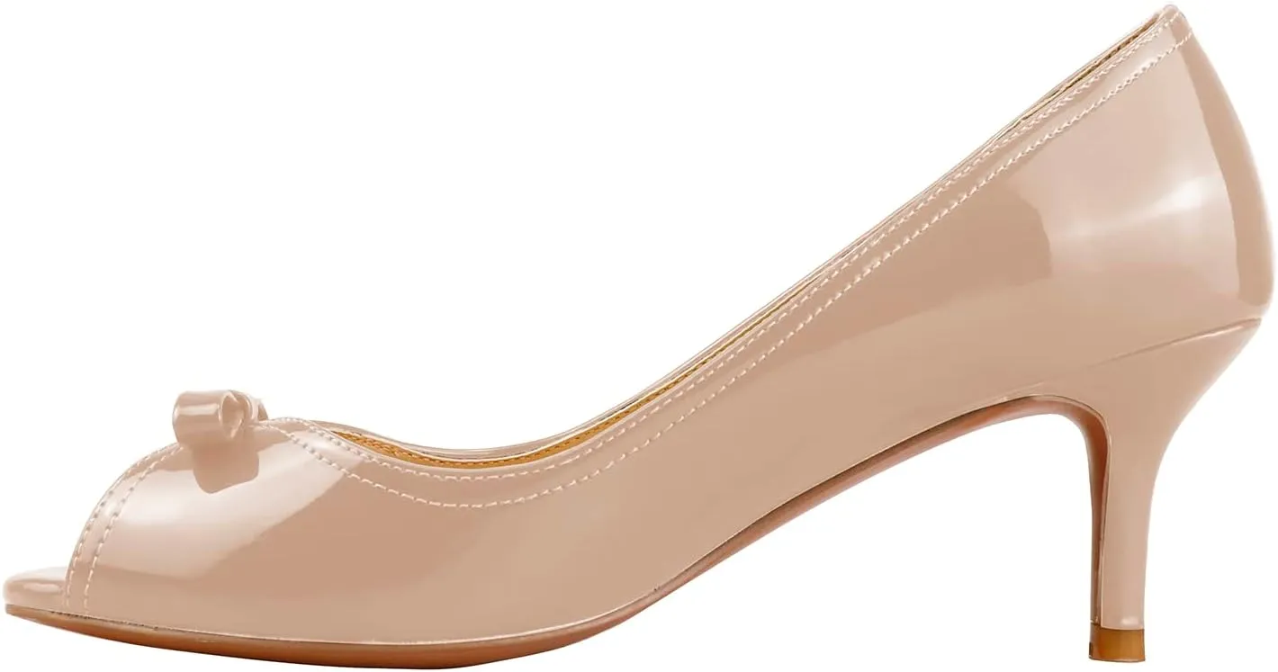 LEMUTISME Women's Fashion Patent Leather Peep Toe Bow Tie Kitten Heel Dress Pumps Comfort Open Toe Slip On Low Heel Bow Summer Sandals