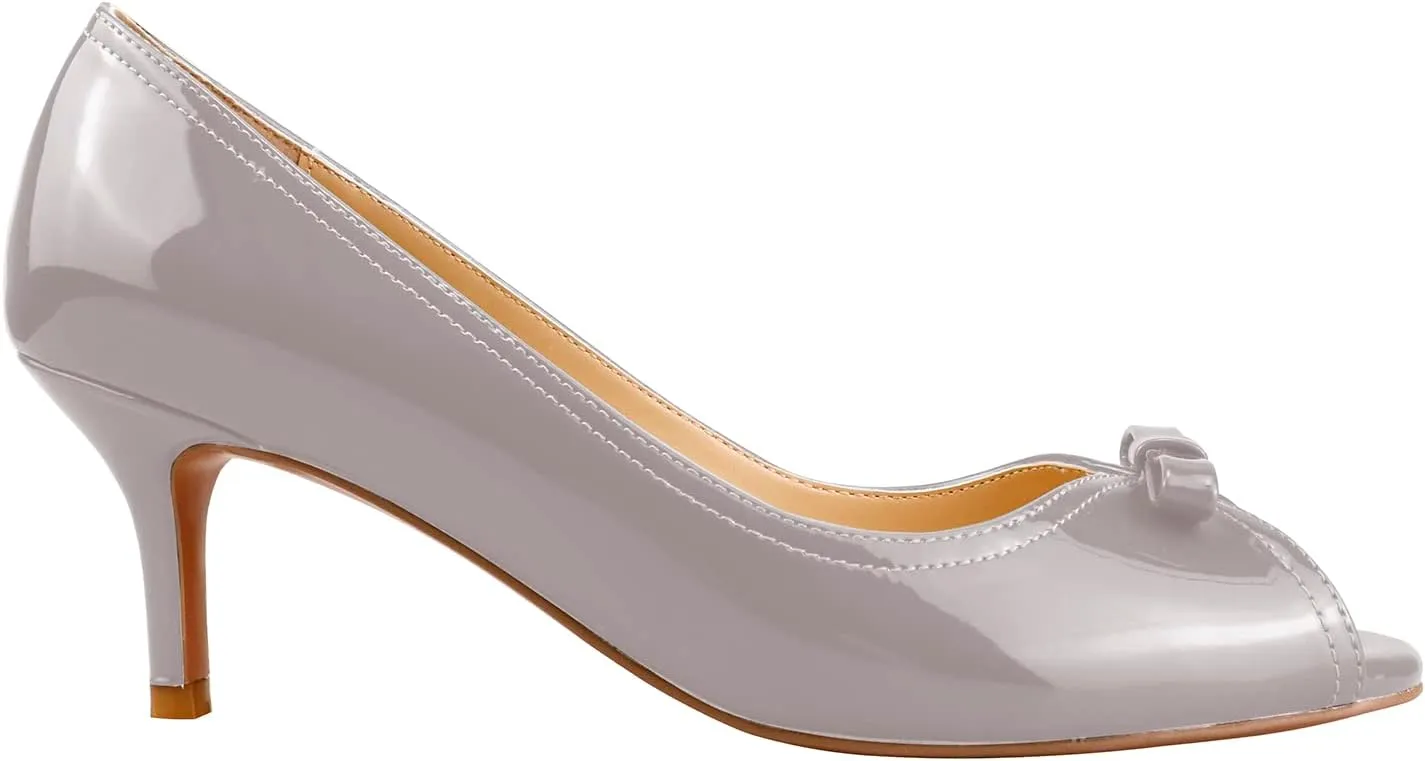 LEMUTISME Women's Fashion Patent Leather Peep Toe Bow Tie Kitten Heel Dress Pumps Comfort Open Toe Slip On Low Heel Bow Summer Sandals