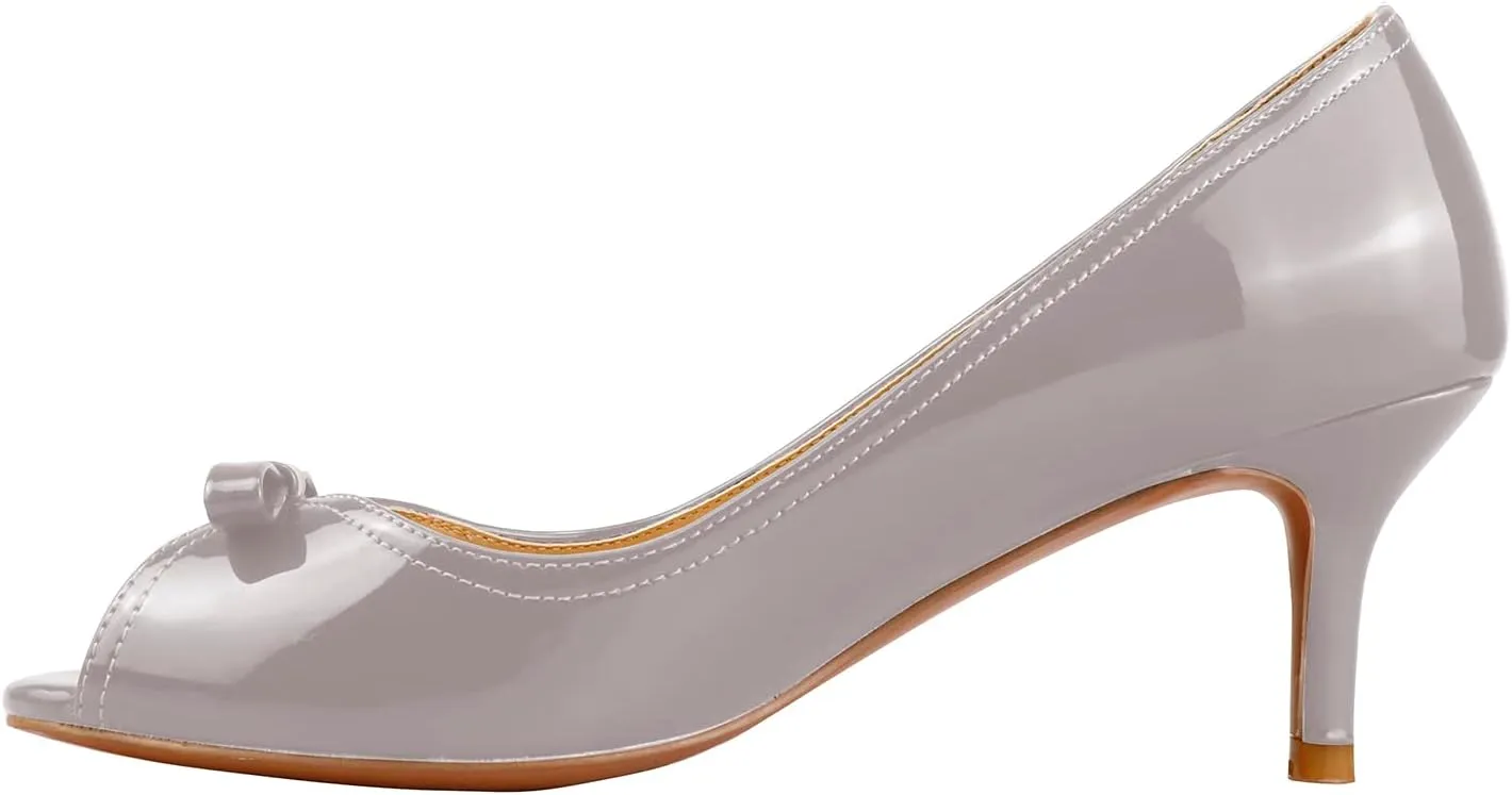 LEMUTISME Women's Fashion Patent Leather Peep Toe Bow Tie Kitten Heel Dress Pumps Comfort Open Toe Slip On Low Heel Bow Summer Sandals