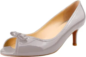LEMUTISME Women's Fashion Patent Leather Peep Toe Bow Tie Kitten Heel Dress Pumps Comfort Open Toe Slip On Low Heel Bow Summer Sandals