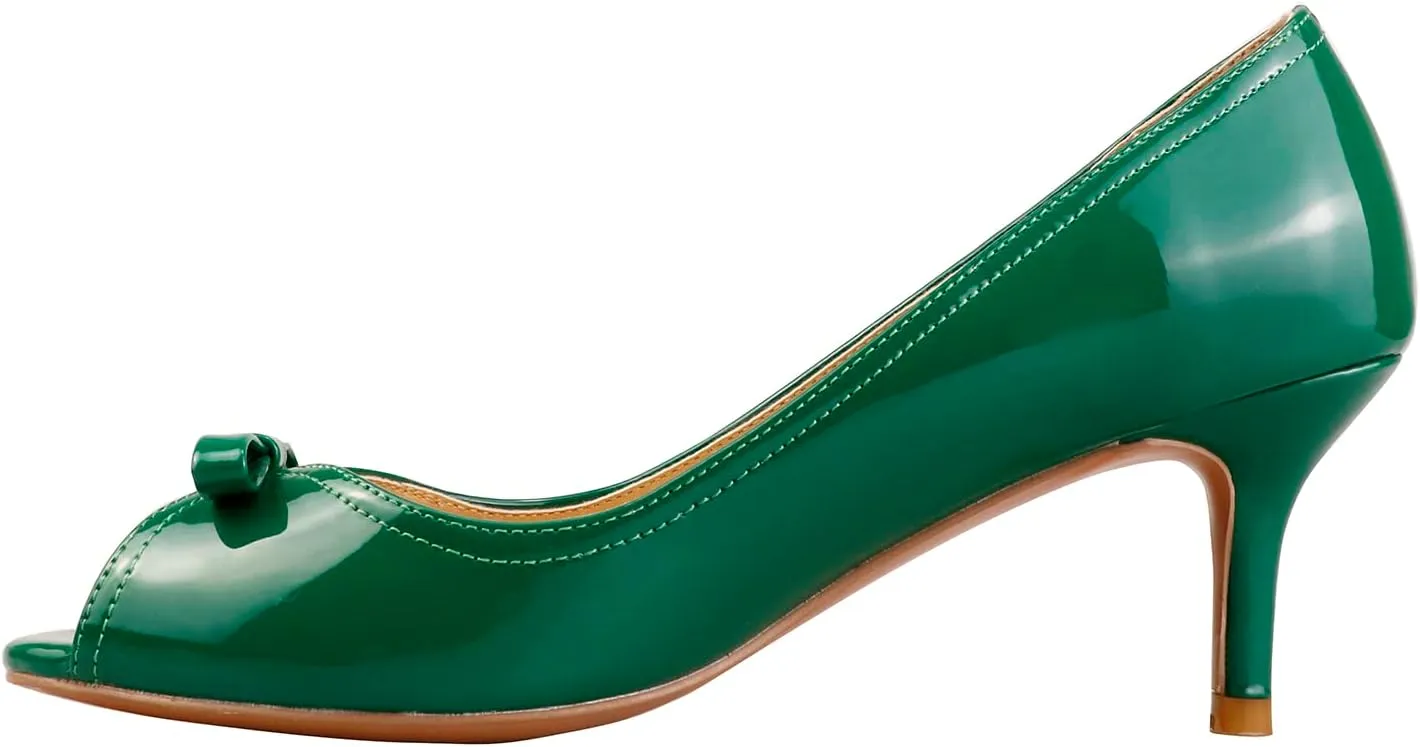 LEMUTISME Women's Fashion Patent Leather Peep Toe Bow Tie Kitten Heel Dress Pumps Comfort Open Toe Slip On Low Heel Bow Summer Sandals