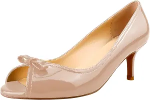 LEMUTISME Women's Fashion Patent Leather Peep Toe Bow Tie Kitten Heel Dress Pumps Comfort Open Toe Slip On Low Heel Bow Summer Sandals