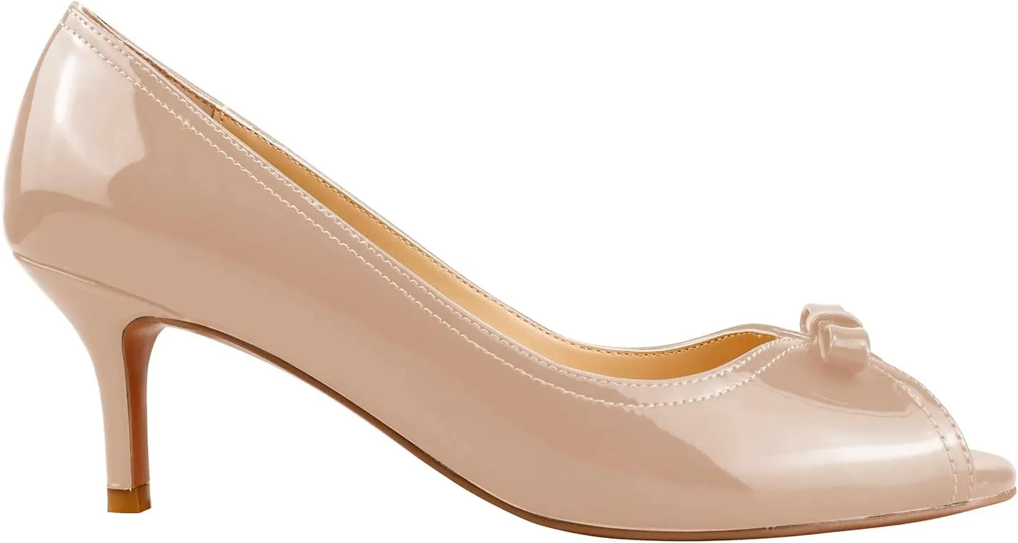 LEMUTISME Women's Fashion Patent Leather Peep Toe Bow Tie Kitten Heel Dress Pumps Comfort Open Toe Slip On Low Heel Bow Summer Sandals