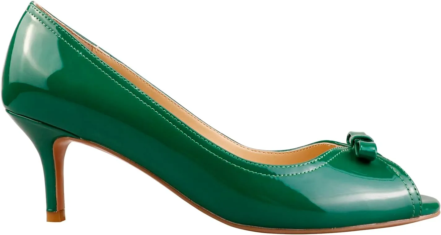 LEMUTISME Women's Fashion Patent Leather Peep Toe Bow Tie Kitten Heel Dress Pumps Comfort Open Toe Slip On Low Heel Bow Summer Sandals