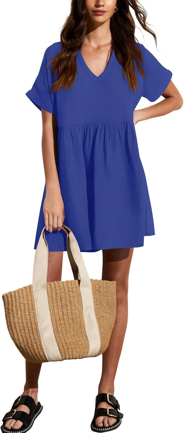 liher Womens Casual Summer Dress Rolled Up Short Sleeve V Neck Tunic Dress Loose T Shirt Dress