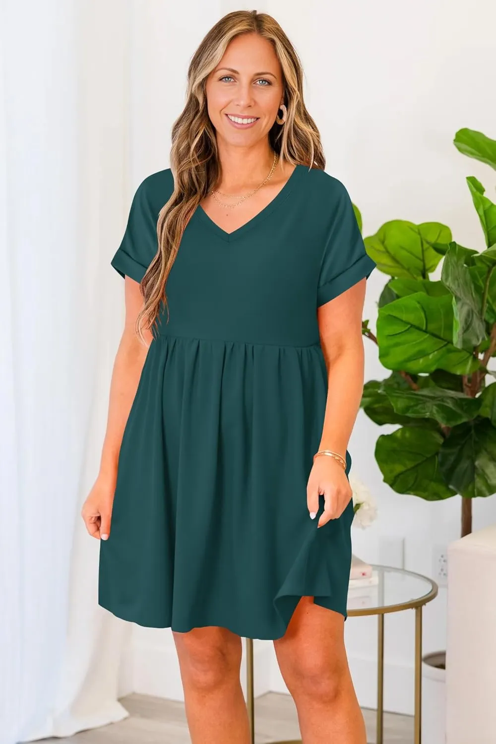 liher Womens Casual Summer Dress Rolled Up Short Sleeve V Neck Tunic Dress Loose T Shirt Dress