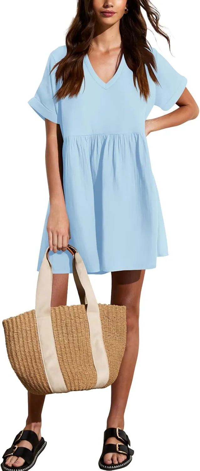 liher Womens Casual Summer Dress Rolled Up Short Sleeve V Neck Tunic Dress Loose T Shirt Dress