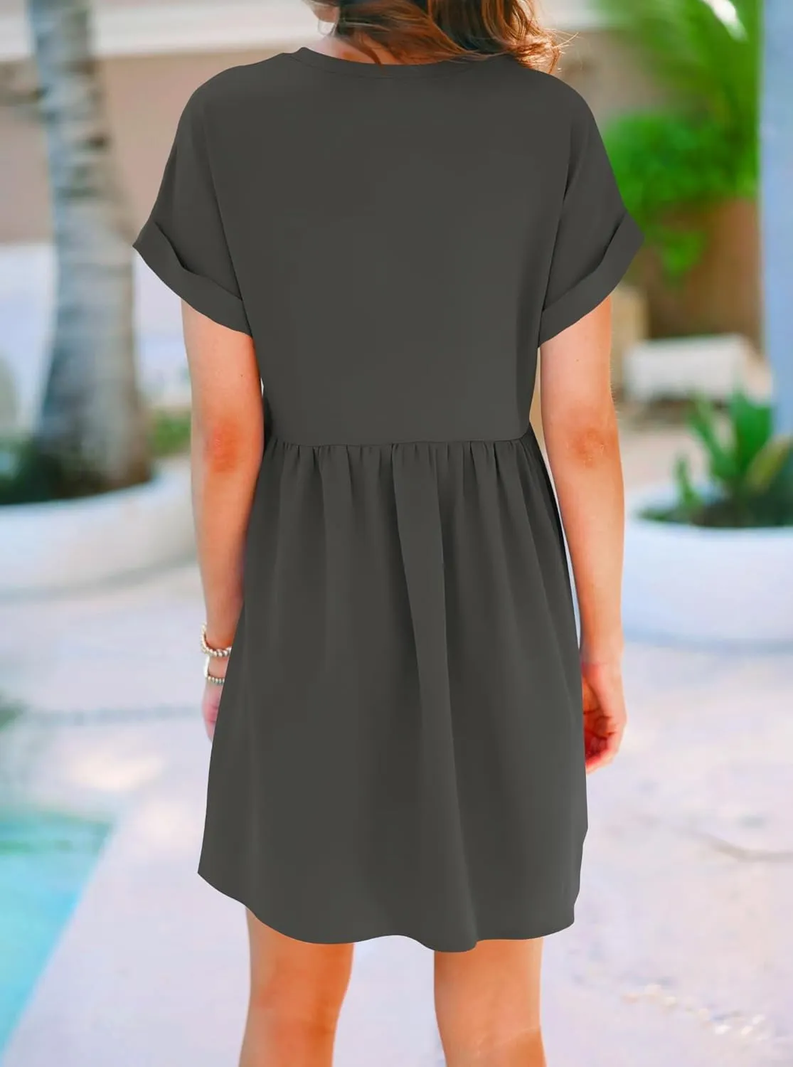 liher Womens Casual Summer Dress Rolled Up Short Sleeve V Neck Tunic Dress Loose T Shirt Dress