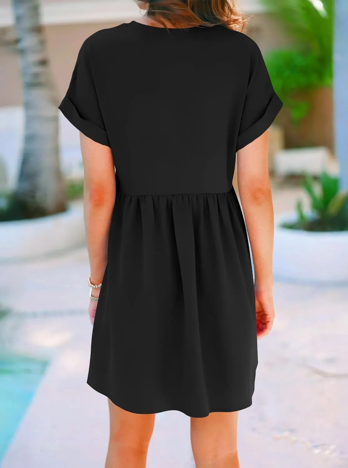 liher Womens Casual Summer Dress Rolled Up Short Sleeve V Neck Tunic Dress Loose T Shirt Dress