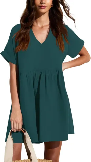 liher Womens Casual Summer Dress Rolled Up Short Sleeve V Neck Tunic Dress Loose T Shirt Dress
