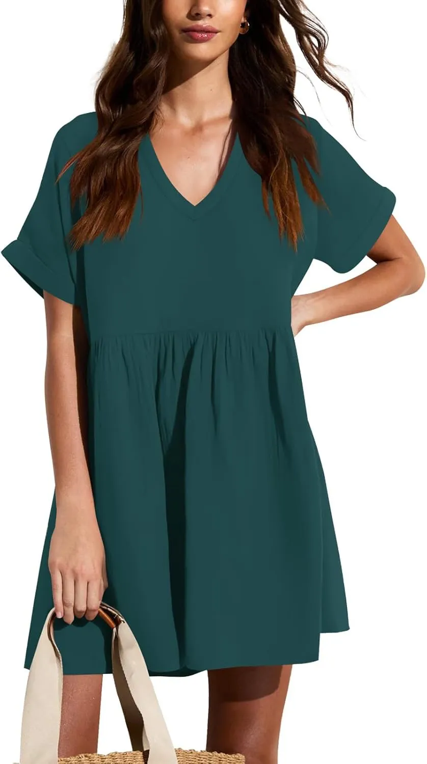 liher Womens Casual Summer Dress Rolled Up Short Sleeve V Neck Tunic Dress Loose T Shirt Dress