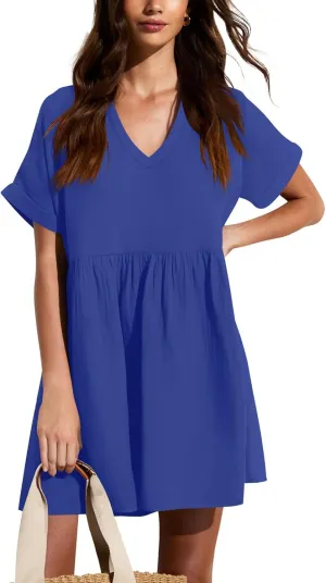 liher Womens Casual Summer Dress Rolled Up Short Sleeve V Neck Tunic Dress Loose T Shirt Dress