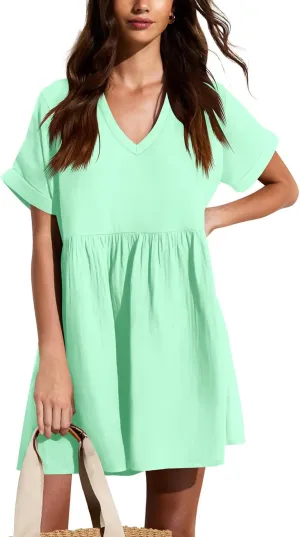 liher Womens Casual Summer Dress Rolled Up Short Sleeve V Neck Tunic Dress Loose T Shirt Dress