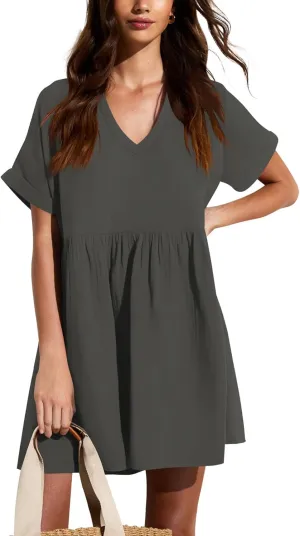 liher Womens Casual Summer Dress Rolled Up Short Sleeve V Neck Tunic Dress Loose T Shirt Dress